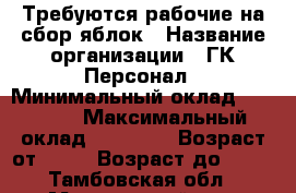 Требуются рабочие на сбор яблок › Название организации ­ ГК Персонал › Минимальный оклад ­ 30 000 › Максимальный оклад ­ 50 000 › Возраст от ­ 18 › Возраст до ­ 60 - Тамбовская обл., Мичуринский р-н, Мичуринск г. Работа » Вакансии   . Тамбовская обл.